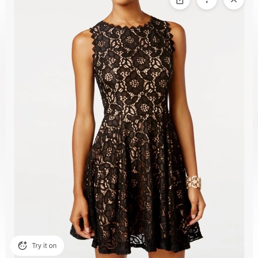 City Studio Juniors Black Cream Lace Crochet Sleeveless Skater Mini Dress Sz 1